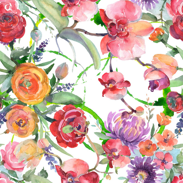 Bouquet floral botanical flowers. Watercolor background illustration set. Seamless background pattern. - Фото, зображення