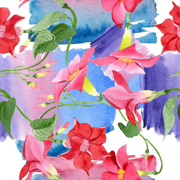 Red dipladenia floral botanical flowers. Watercolor background illustration set. Seamless background pattern. - Φωτογραφία, εικόνα