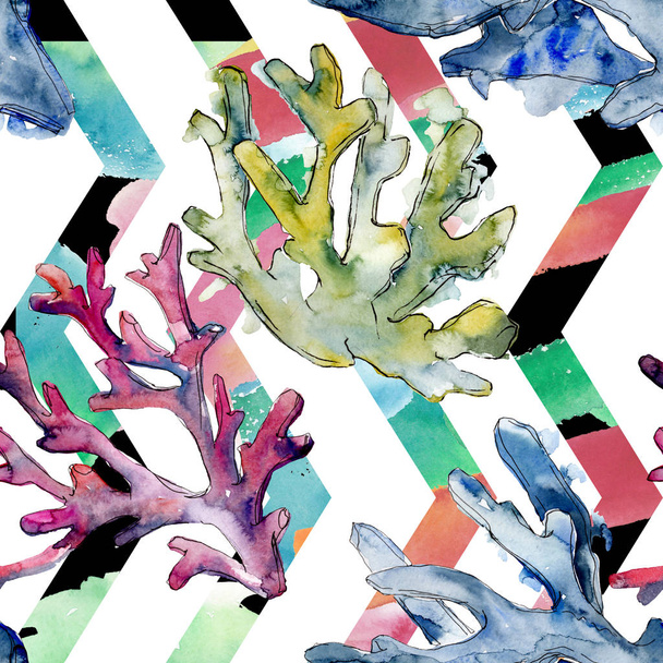 Recifes de corais aquáticos subaquáticos coloridos. Conjunto de ilustração de fundo aquarela. Padrão de fundo sem costura
. - Foto, Imagem
