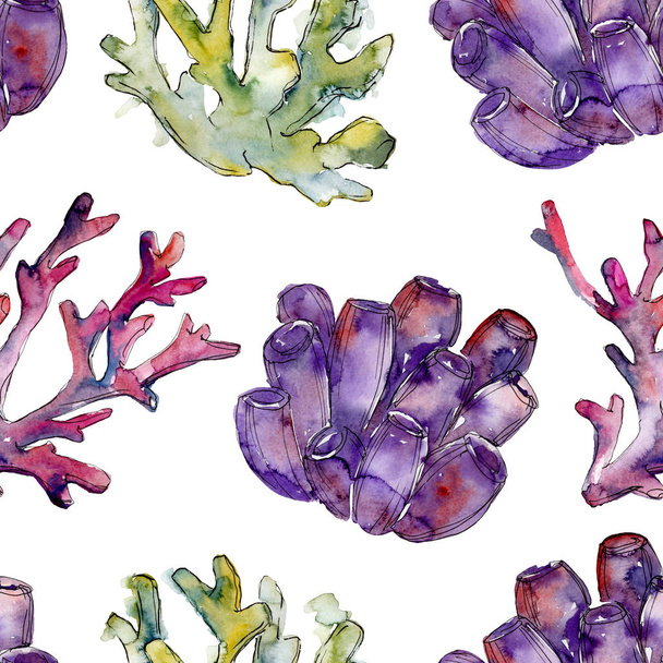 Colorful aquatic underwater nature coral reef. Watercolor background illustration set. Seamless background pattern. - Zdjęcie, obraz