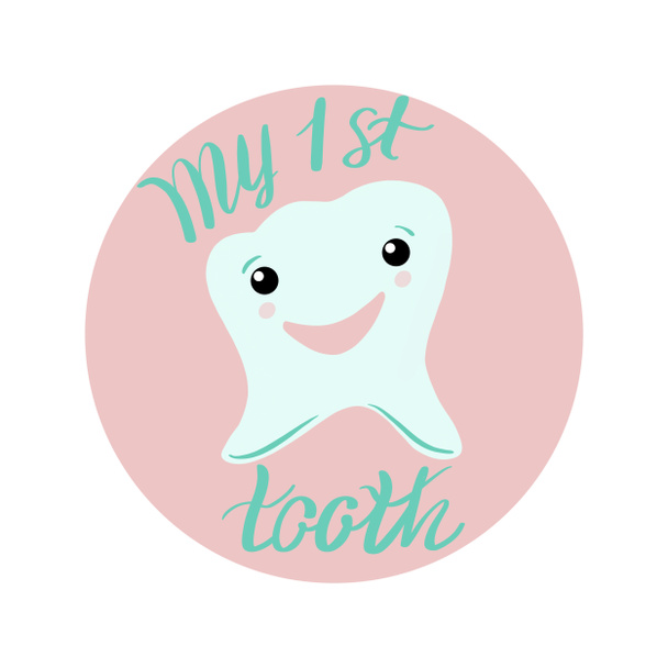 Письменная иллюстрация "Мой первый зуб". Ручной плакат с изображением мятного зуба на фоне розового круга. Поздравления для малыша, приглашение на вечеринку или открытка, печать для текстиля
  - Фото, изображение