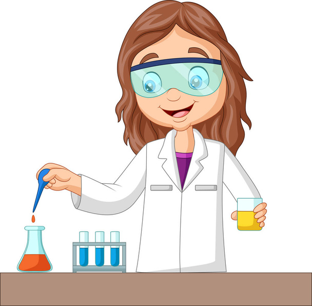 Kimyasal deney yapan Karikatür kız Vektör illüstrasyon - Vektör, Görsel