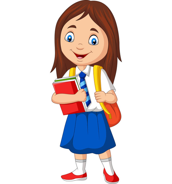 Ilustración vectorial de niña de la escuela de dibujos animados en uniforme con libro y mochila
 - Vector, Imagen