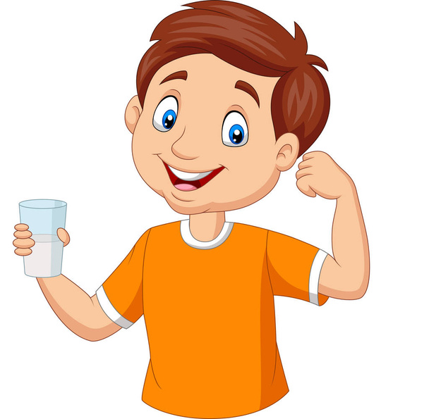 Ilustración vectorial del niño de dibujos animados sosteniendo un vaso de leche
 - Vector, imagen