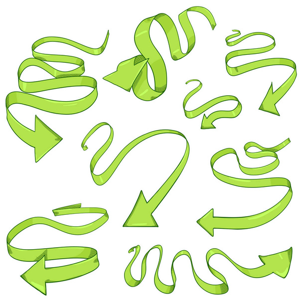 Conjunto vectorial de flechas de cinta verde de dibujos animados. Colección de punteros de forma ondulante
. - Vector, imagen