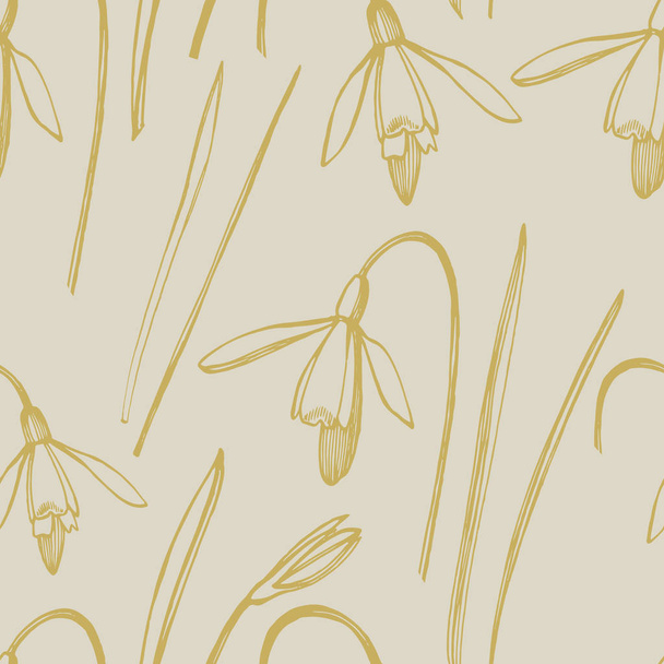 Snowdrop spring flowers. Botanical plant illustration. Vintage medicinal herbs sketch set of ink hand drawn medical herbs and plants sketch. Seamless patterns. - Foto, afbeelding