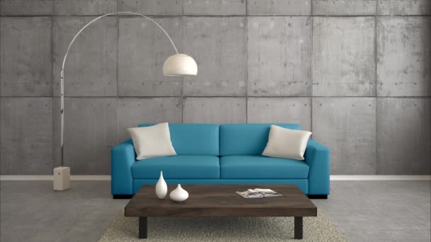 μοντέρνο σαλόνι με πολύχρωμο καναπέ και μάσκα άλφα σαν 3D απόδοση - Πλάνα, βίντεο