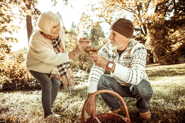 Husband and wife holding mushrooms in the forest. - Zdjęcie, obraz