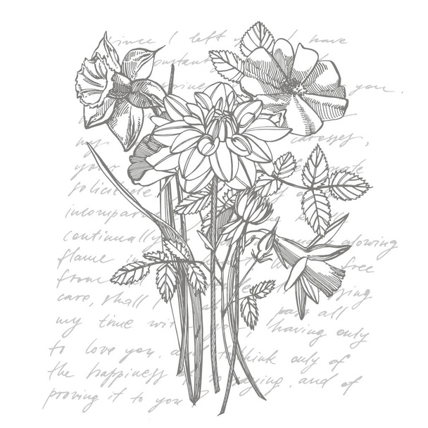 Roses and Dahlias flowers bouquet isolated on white background. Set of drawing cornflowers, floral elements, hand drawn botanical illustration. Handwritten abstract text. - Valokuva, kuva
