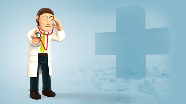 Cartoon 3d doctor listening with a stethoscope on a blue background with medical cross and pills 3d rendering - Foto, immagini