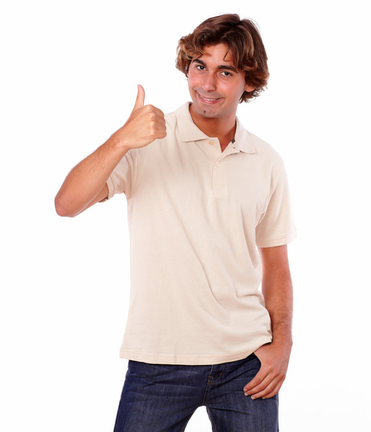 okouzlující muž ukazuje pozitivní znamení s prsty - Fotografie, Obrázek
