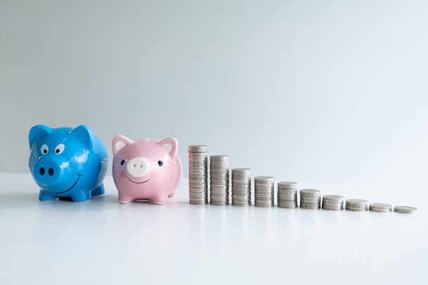 kék és rózsaszín malacka pénzt Bank érmék Bar grafikon, fokozza a növekvő üzleti siker és megtakarítás a nyugdíj koncepció - Fotó, kép