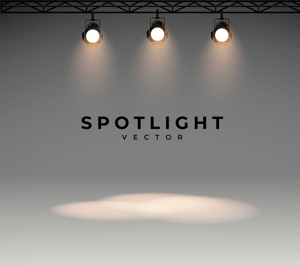 Spotlights met fel wit licht schijnende stage vector set. Verlichte effect vorm projector, illustratie van projector voor studio verlichting eps 10 - Vector, afbeelding