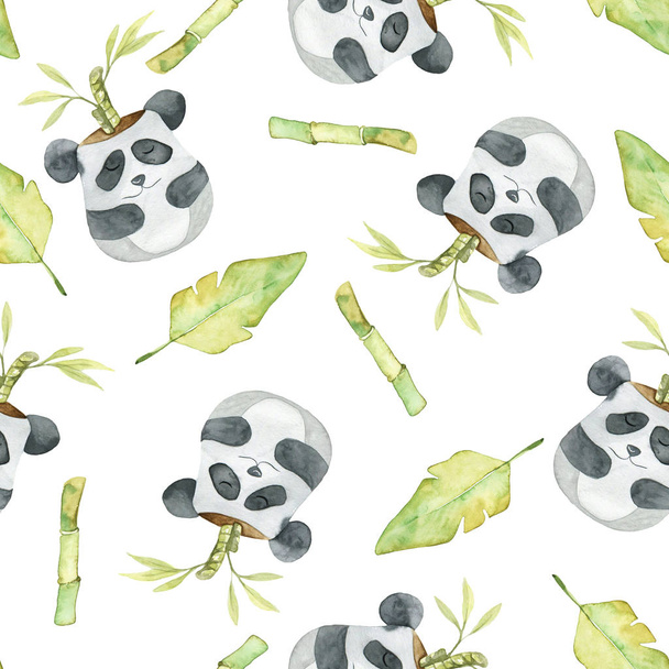 Cute seamless pattern with pandas, leaves and bamboo. Watercolor texture on white backdrop. Perfect for kids products, textile and wrapping paper. - Photo, Image