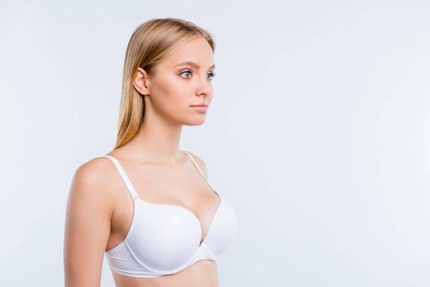 Healthy successful lifestyle concept. Portrait of nice cute lovely winsome attractive minded blonde girl wearing bra isolated over light gray background - Fotoğraf, Görsel