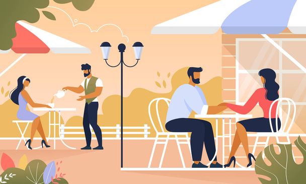 People Relaxing in Summer Cafe Outdoors, Relax - Vector, Image