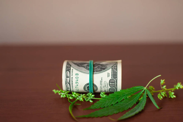 Cannabis CBD con semillas y dólares en dinero atado con una goma
  - Foto, Imagen