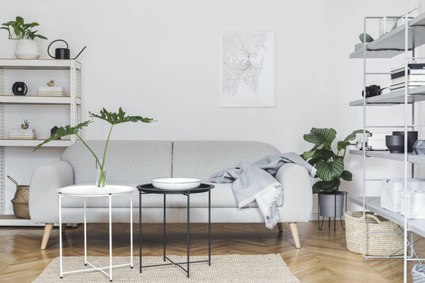 Casa nórdica minimalista interior com sofá design, estante com acessórios, plantas tropicais, mesas de café e mobiliário elegante. Paredes brancas vazias. Espaço acolhedor da sala de estar. Parquete de madeira marrom
 - Foto, Imagem