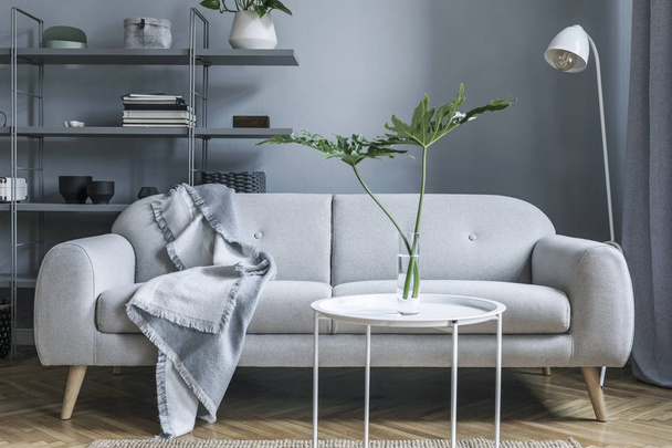 Stylish nordic living room with design sofa with elegant blanket, coffee table,white lamp, tropical leafs and bookstand on the grey wall. Brown wooden parquet. Concept of minimalistic interior. - Фото, изображение