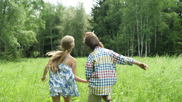Chica y niño corren hacia adelante tomados de la mano en un claro en el bosque. Infancia. Niños, naturaleza, moda casual de verano, belleza
. - Metraje, vídeo