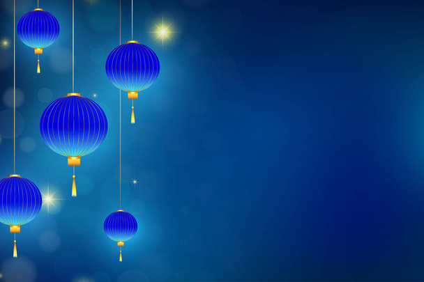 Lighting blue lanterns on dark background. - Vector, Image