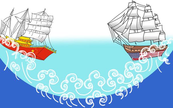 Esboço de guerra comercial China vs América com barca
 - Foto, Imagem