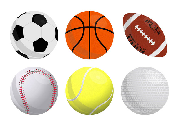 Kolorowe wektor zestaw ikon piłki sportowe: koszykówka, piłka nożna, futbol amerykański, baseball, tenis, Golf. Płaski styl. - Wektor, obraz