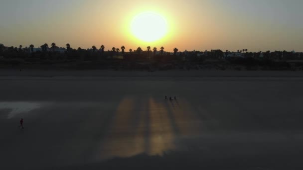ロタ、カディスのビーチで日の出の航空写真は、3人が砂の上に座って、別の人が歩いているのを見ることができます。太陽は底にある - 映像、動画
