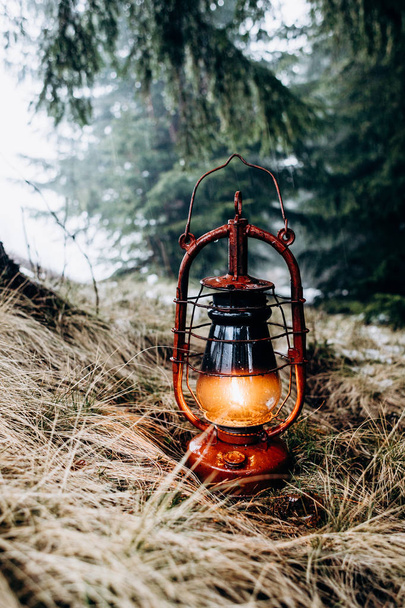 Close up of the lantern with a light inside on the ground covered with a dry hay on the pine forest on the misty cold day. Outside. - Foto, Bild