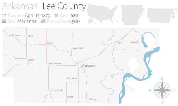 Μεγάλος και Λεπτομερής χάρτης του Lee County στο Αρκάνσας, Ηνωμένες Πολιτείες - Διάνυσμα, εικόνα