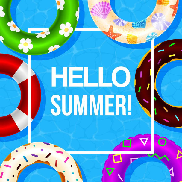 Φουσκωτό αφίσα διάνυσμα κολύμβησης Ring με Γεια καλοκαίρι σε λευκό πλαίσιο. Παιχνίδια νερού, επιπλέοντα. Το πάρτι στην παραλία και το καλοκαίρι Γεια σας. Κινούμενα σχέδια φουσκωτά αντικείμενα σε μπλε φόντο - Διάνυσμα, εικόνα