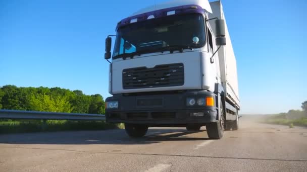 Laag zicht op vrachtwagen met vrachtwagen die op de snelweg rijdt en goederen vervoert. Vrachtwagen rijden door het platteland op zonnige dag. Mooie achtergrond. Slow Motion close up - Video