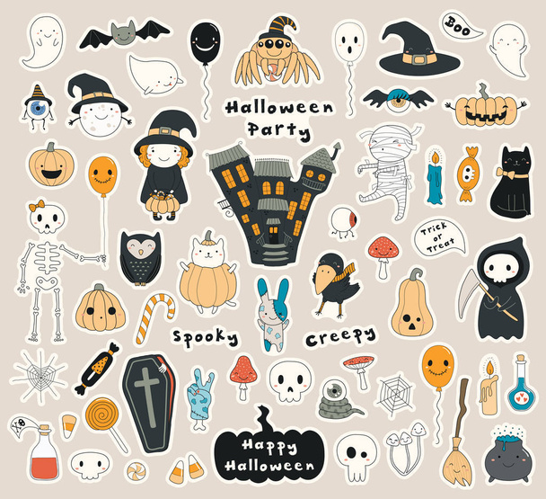 Iso joukko Halloween tarroja kawaii merkkiä, kummitustalo, kurpitsat, aaveita, pääkalloja, karkkia. Käsin piirretty vektorikuva. Suunnittelu konsepti loma tulostaa
. - Vektori, kuva