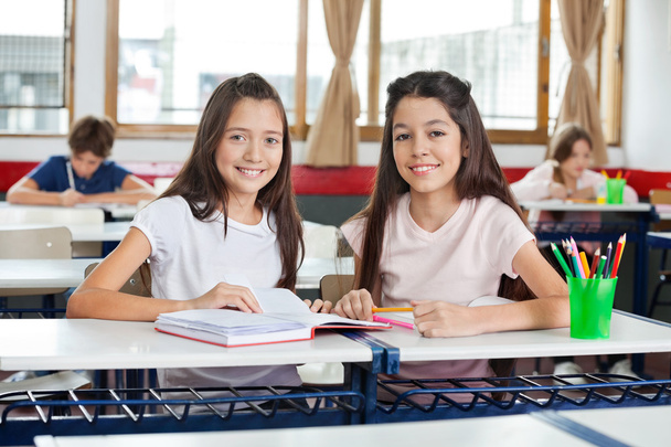 Portrait d'écolières heureuses assises avec livre au bureau
 - Photo, image