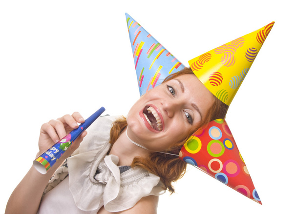 Mujer en tres sombreros de fiesta
 - Foto, Imagen