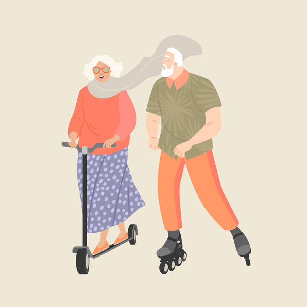 Les personnes âgées roulent scooters et patins à roulettes
. - Vecteur, image