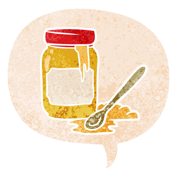cartoon jar of honey and speech bubble in retro textured style - ベクター画像