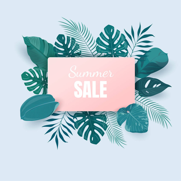 Summer sale banner.  Summer sale background with exotic tropical leaves and place for text. Vector illustration template - Vector, imagen