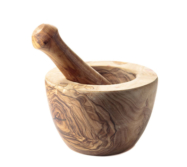 Wooden mortar and pestle isolated on a white background. - Photo, Image