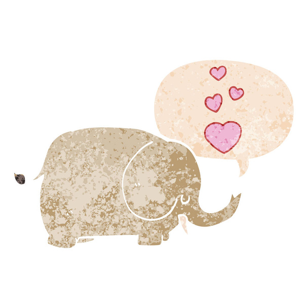 Netter Cartoon-Elefant mit Liebesherzen und Sprechblase im Retro-Look - Vektor, Bild
