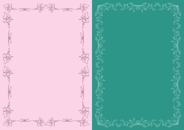 růžové a tmavě zelené pozadí s květinovými ozdobnými políčmi a vektorovými dekoracemi - Vektor, obrázek