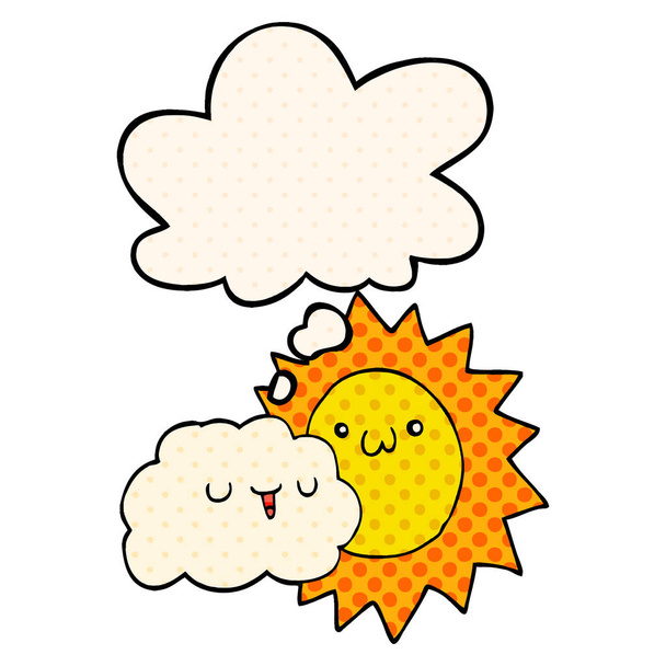 cartoon sun and cloud and thought bubble in comic book style - Vektor, Bild