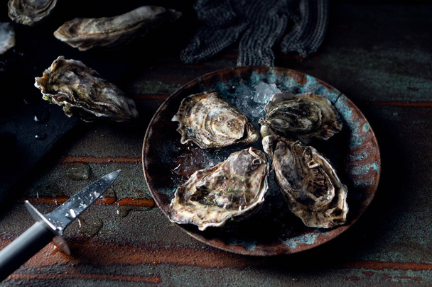 Opende verse oesters op een donkere achtergrond, een mes en waterdruppels. - Foto, afbeelding