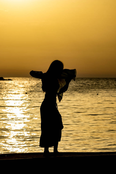 Belle silhouette au coucher du soleil d'eau de mer dorée
 - Photo, image