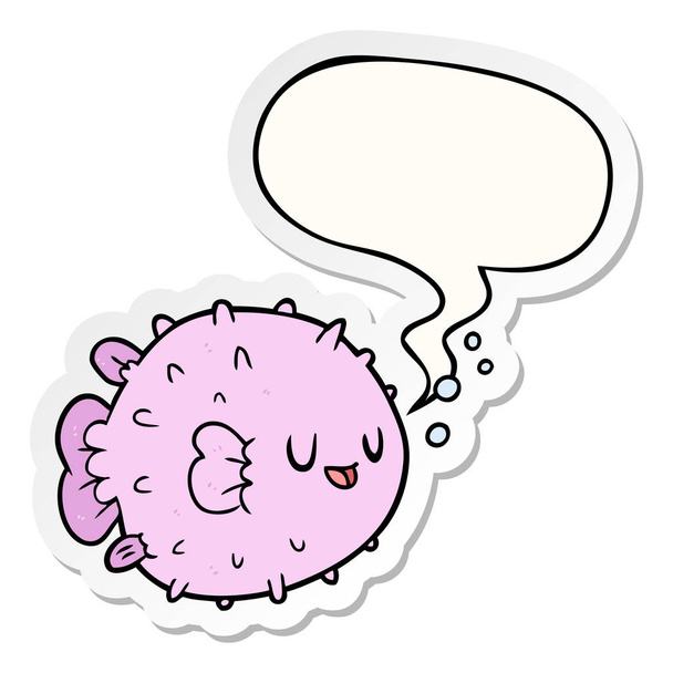 Cartoon Blowfish en toespraak bubble sticker - Vector, afbeelding