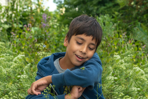 Boy fogott egy imádkozó egy szöcske az erdőben, és Nézd meg a - Fotó, kép