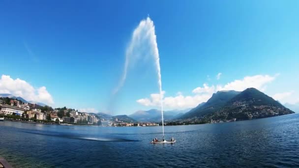 Big water fountain in lake Lugano, Switzerland. - Footage, Video