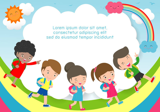 Happy excited kids having fun together on playground. . Children play  outside with rainbow background. Template for advertising brochure. Stock  Vector