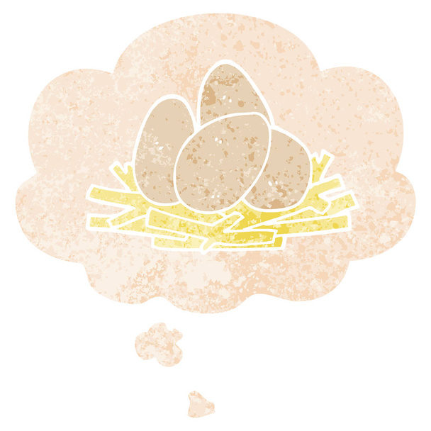 Мультфильм яйца в гнезде и мысли пузырь в ретро текстурированный стиль
 - Вектор,изображение