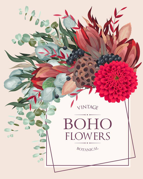 花と緑のヴィンテージウェディングカード - ベクター画像
